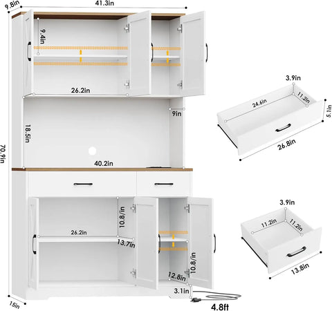 Pantry Cabinet with Charging Station, Tall Kitchen Pantry Storage Cabinet with Microwave Stand, Farmhouse Kitchen Hutch Cabinet