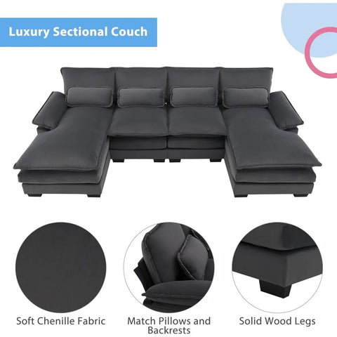 109.8“ Sectional Sofa Cloud Couch for Living Room, Modern Velvet Large Overstuffed U Shaped Couch, Comfy Modular Sofa Sleeper