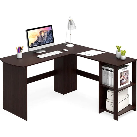 L-shaped home office, wooden corner desk, black computer desk