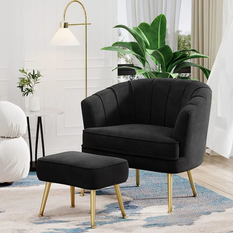 Velvet Accent Chair with Ottoman, Upholstered Modern Single Sofa Side Chair,Comfy Barrel Club Living Room Armchair