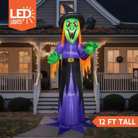 12 FT Giant Halloween Inflatable Witch with Built-in LED Lights, Blow Up Scary Witch for Outdoor Decoration, Halloween Yard