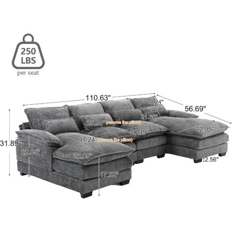 110" Sectional Sofa Cloud Couch for Living Room, Modern Chenille U Shaped Couch, Comfy Modular Sofa Sleeper