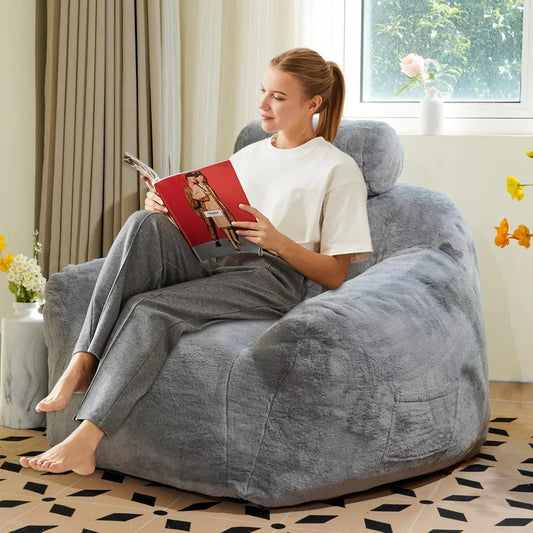 Giant Bean Bag Chair with Pillow, Faux Fur Fabric Large Bean Bag Chair for Adults, Comfortable Been Bag with Ergonomic Support