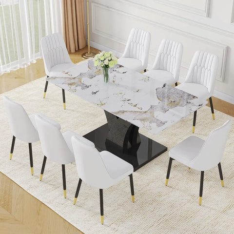 Modern Dining Room Table Set for 6, Faux Marble Kitchen Table and 6 PU Leather Chairs, 67” Rectangular Tempered Glass Table Set