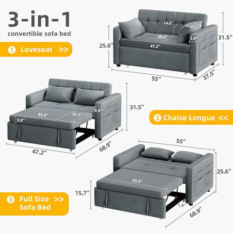 Sofa Bed, 55-Inch, Convertible Sofas Bed, 3-in-1 Combo, Velvet Futon with Tiltable Back and Side Pockets, Sofa Sleeper