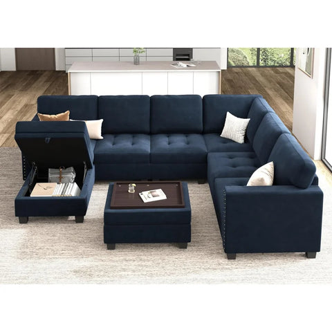 Velvet Modular Sectional Sofa, Convertible L Shaped Sofa Couch with Storage Top Tray Ottoman Corner Couch,Dark Blue