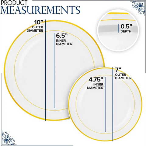 Dinner and Dessert Plates Set Disposable (200 Pieces) 10" + 7" White and Silver Plastic Plates for Party 100 Guest