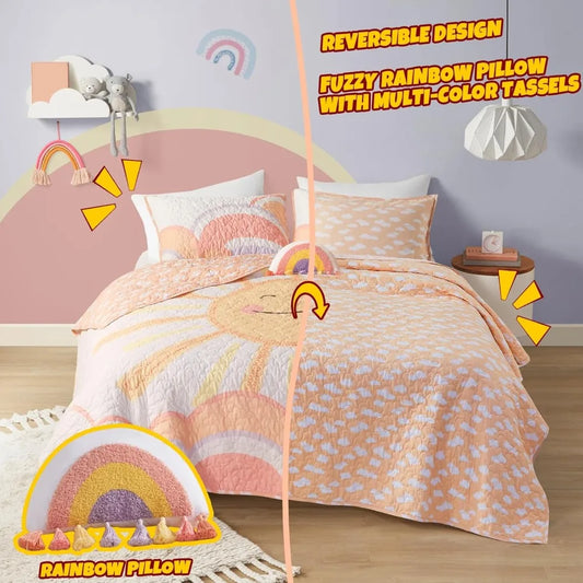 Queen Bedding Set Cotton Sun Full Size Quilt Sets for Girls Rainbow & Clouds Reversible Queen Coverlet Dawn Light & Breathable