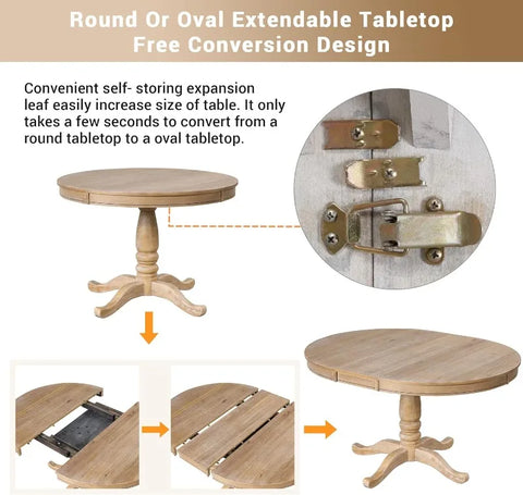 5-Piece Round Dining Table and Chair Set, Round Dining Table with Shelf, Wood Table Set for Family Dining Area