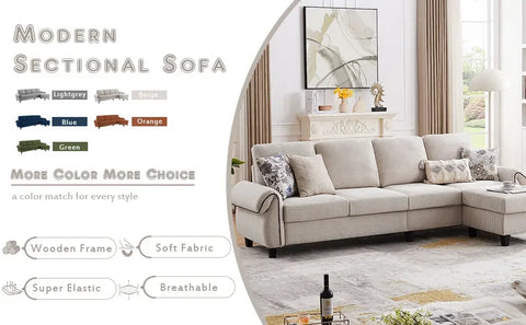 112" Sectional Sofa, 4-seat L-shaped couch, reversible ottoman, wooden legs, modern polyester upholstery, beige, for LR/apt