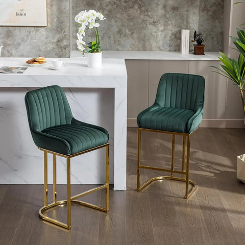 Modern Counter Height Bar Stools Set of 2 Green Bar Stools with Back/Gold Legs Upholstered Velvet Barstools 26''