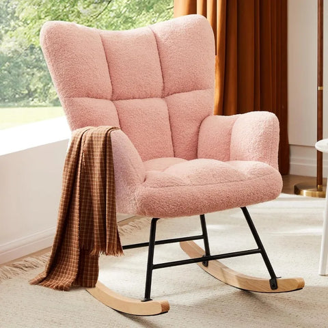 Sweetcrispy Rocking Chair Nursery, Teddy Upholstered Glider Rocker with High Backrest, Reading Chair Modern Rocking Accent Chair