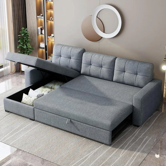 81.5" Sectional Sofa with Storage Chaise & Pull-Out Bed,L-Shape Convertible Corner Couch W/ 3 Back Cushions