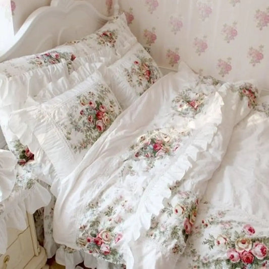 Farmhouse Bedding Duvet Cover Set Elegant and Shabby Vintage Rose Floral Lovely White Lace  Ruffle Style Bedskirt