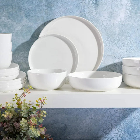 16 Piece Porcelain Dinnerware Set, White w/Black Rim, Service for 4, Dishwasher and Microwave Safe