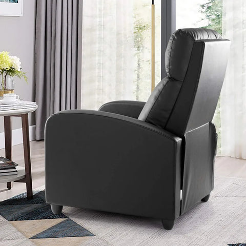 Room Recliner Chair, PU Leather Adjustable Single Recliner Sofa Home Theater Seating Reading Chair for Bedroom, Dark Black