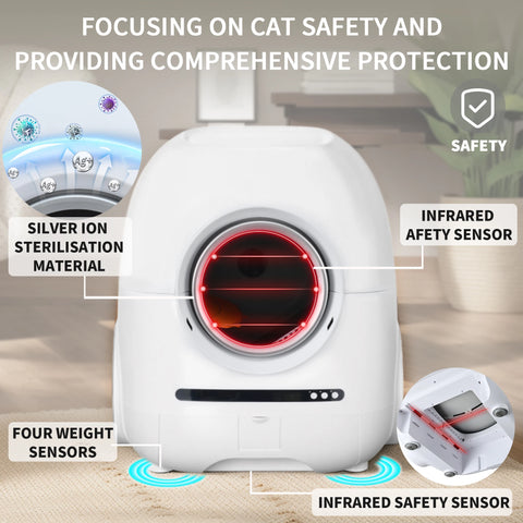 Self-cleaning cat litter box, 68L+9L, suitable for a variety of cat litter, APP control, real-time video, photo and video, safe