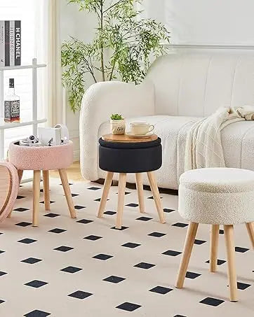 Ottoman storage linen circular dressing table stool, modern multi-functional cushioned footstool with wooden legs