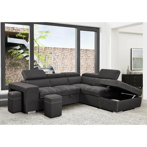 Microfiber Sectional Sleeper Sofa with Pull-Out Bed Chaise & Storage 5 Seater L-Shaped Couch with Adjustable Headrest and Stools