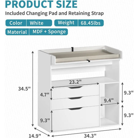 Baby Changing Table Dresser with 3 Drawers and 3 Storage Shelves, Can be Used as a Baby Dresser with Changing Table Top