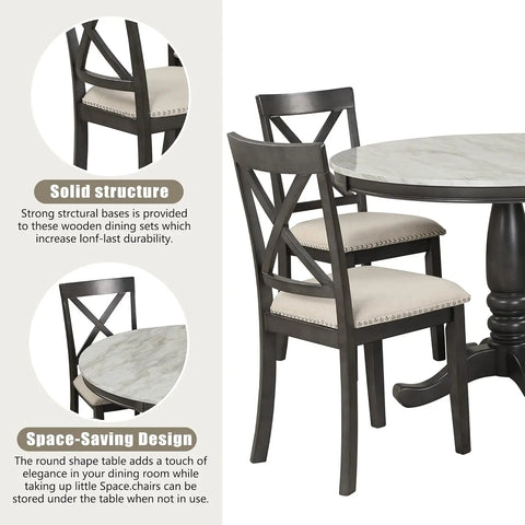 5-Piece Farmhouse Dining Table Set Wood Round Extendable Dining Table and 4 Upholstered Dining Chairs