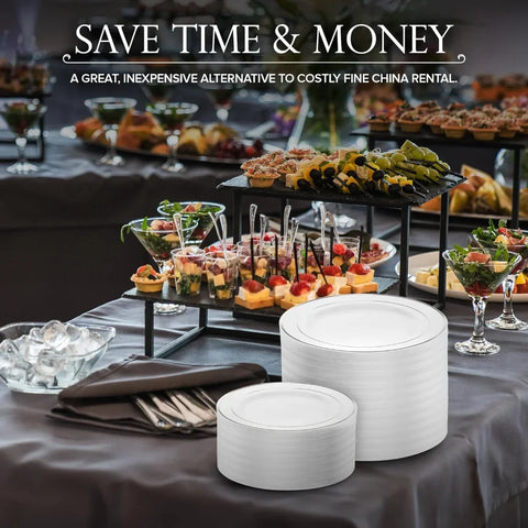 Dinner and Dessert Plates Set Disposable (200 Pieces) 10" + 7" White and Silver Plastic Plates for Party 100 Guest