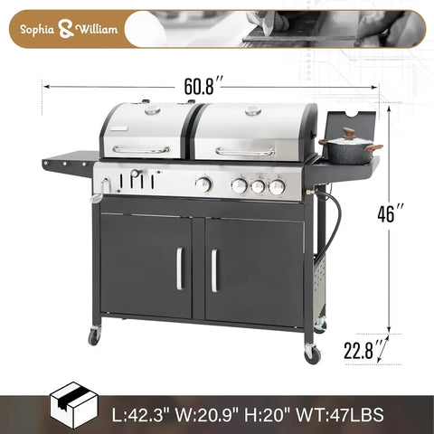 Charcoal and Propane Gas Grill Combo with Side Burner & Porcelain-Enameled Cast Iron Grate, Dual Fuel BBQ Grill for Outdoor