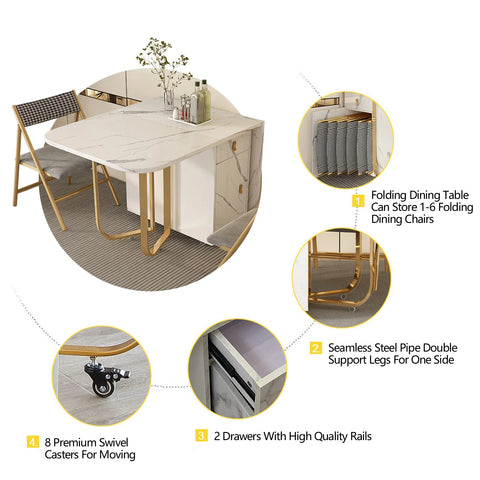 Folding Dining Table with 2 Drawers and 4 Wheels for Living Room,Kitchen, Space Saving Table Foldable in 3 Forms