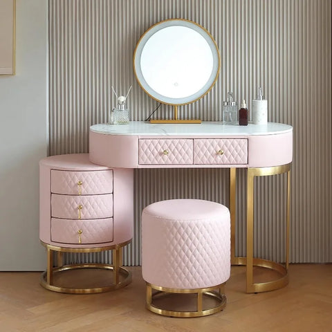 Luxury Faux Leather Vanity Desk with Mirror Makeup Table with Drawers & Vanity Stool