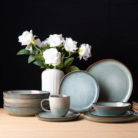 Ceramic Dinnerware Sets,Handmade Reactive Glaze Plates and Bowls Set,Highly Chip and Crack Resistant