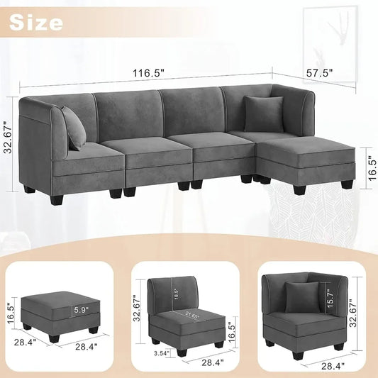 5 Pieces Sectional Couch Modular Sofa with Reversible Chaise 116" Velvet L-Shaped Couch 4-seat Modular Large Sectional Couch