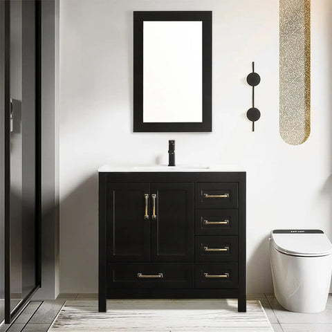 30" Bathroom Vanities Cabinet with Sink Combo Set, Undermount Ceramic Sink w/Thickened Wood, Matte Black Faucet