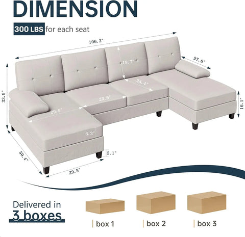 Living Room Sectional Sofa, 4-seater Set U-shaped Sofa with Double Chaise Longue, Large 106-inch Modern Fabric Sofa