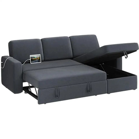 L-Shaped Sectional Sofa Bed w/Chaise & USB Reversible Storage Sleeper Convertible Trundle Hidden Compartment Fabric Couch