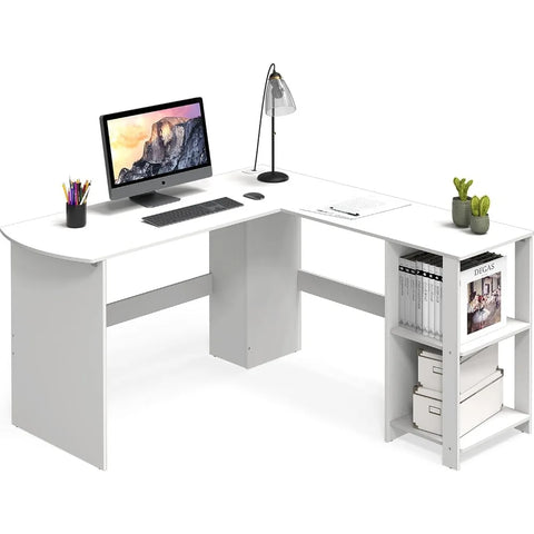 L-shaped home office, wooden corner desk, black computer desk