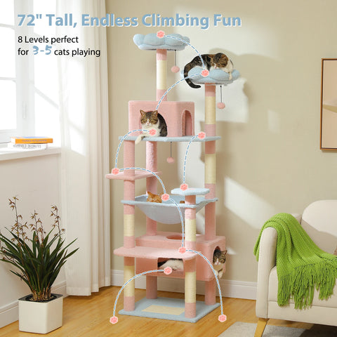 H184CM Large Cat Tower with Sisal Scratching Posts Spacious Condo Perch Stable for Kitten Multi-Level Tower Indoor Cozy Hummocks