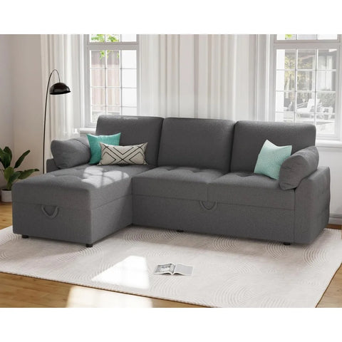 Pull Out Sofa Bed, Modern Tufted Convertible Sleeper Sofa, L Shaped Sofa Couch with Storage Chaise, Chenille Sectional Couch Bed