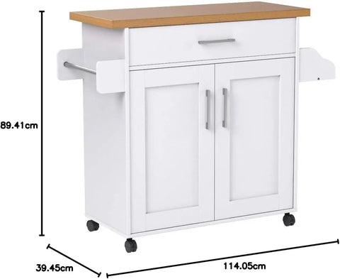 Kitchen Island with Spice Rack, Towel Rack & Drawer, White with Beech Top, 15.5 x 35.5-44.9 x 35.2 inches