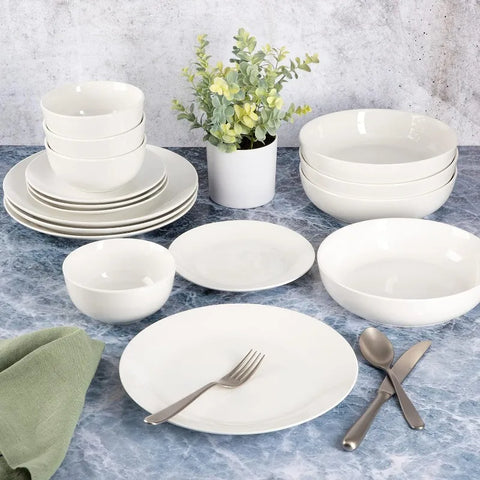 16 Piece Porcelain Dinnerware Set, White w/Black Rim, Service for 4, Dishwasher and Microwave Safe