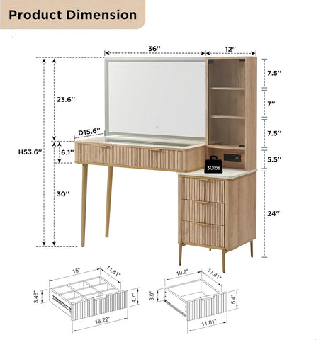 T4TREAM Makeup Vanity Desk with 36" HD Lighted Mirror, 48" Big Modern Vanity Desk with Mirror and Lights, Dressing Table