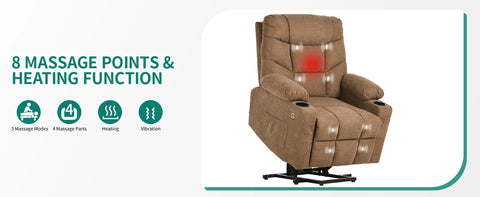 Electric Power Lift Recliner Chair for Elderly, Fabric Recliner Chair with Massage and Heat, Spacious Seat, USB Ports,