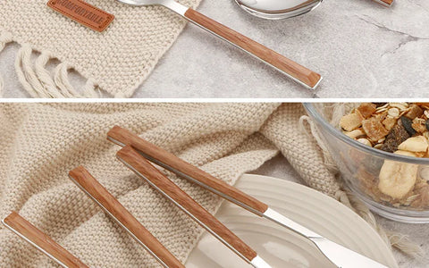 4Pcs 304 Stainless Steel Dinnerware Sets Glossy Silver Wooden Tableware Western Food Knife Fork Teaspoon Cutleries