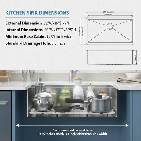 32 Inch Workstation Kitchen Sink -  32x19 Inch 16 Gauge Stainless Steel Single Bowl Sink with R10 Corners,