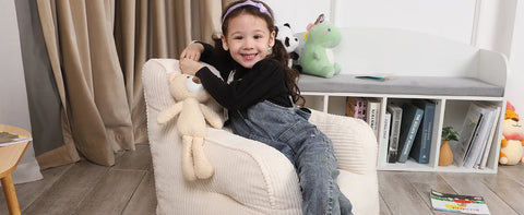 Kids Bean Bag Chair with a Plush Bear, Comfy Toddler Chair for Boys and Girls, Beige kids couch