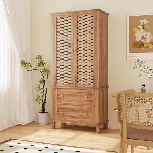 High Freestanding Tall Kitchen Pantry, Kitchen Pantry Storage Cabinet with Rattan Doors, Adjustable Shelf and 2 Drawers