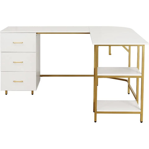 L Shaped Desk - Two-Toned Computer Desk with Drawers & Storage Shelves - Simple Modern Furniture & Home Office Space Corner Tabl