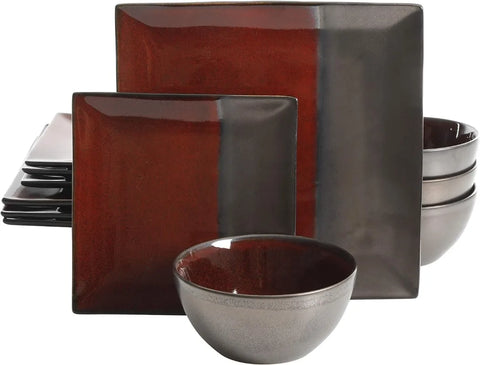 Square Reactive Glaze Stoneware Dinnerware Set, Service for 4 (16pcs),  Set Vaisselle Complet， Dishes and Plates Sets