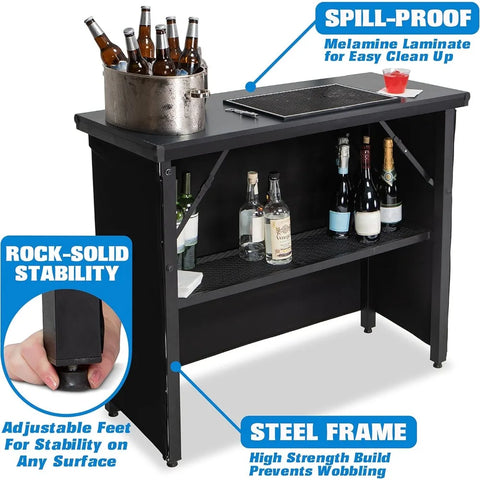 PRO Commercial Grade Portable Bar Table - Mobile Bartender Station for Events - Includes Black Skirt and Carry Case - Standard