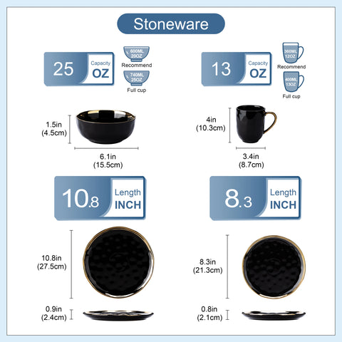 LOVECASA 16/32 Piece Black Porcelain Dinnerware Set with Gold Trim Dessert Plate,Dinner Plate,Cup,Bowl Tableware Set