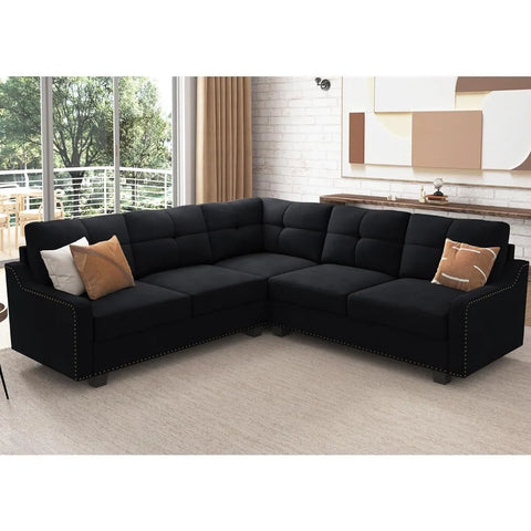 Living Room Sofa, Convertible Sectional L-shaped Sofa for Small Apartment Living Room, Velvet Black Reversible Sectional Sofa